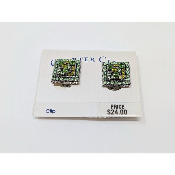 Charter Club Jewelry - Charter Club Clip On Earrings Square Green Rhinestone Silver Tone Bling New